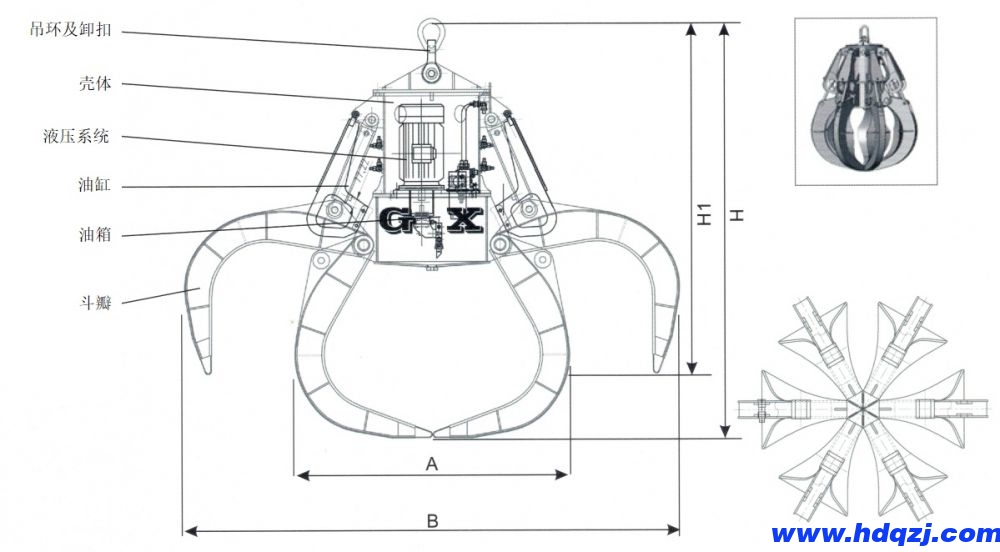 DYZ電動液壓多瓣抓斗外形尺寸圖