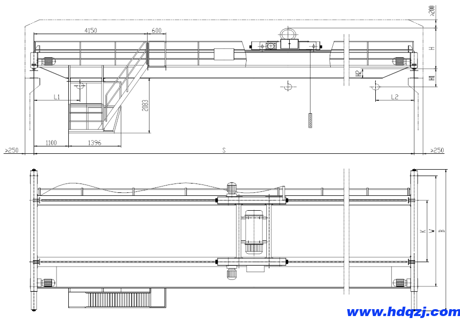 LH型電動雙梁起重機主要尺寸圖紙：